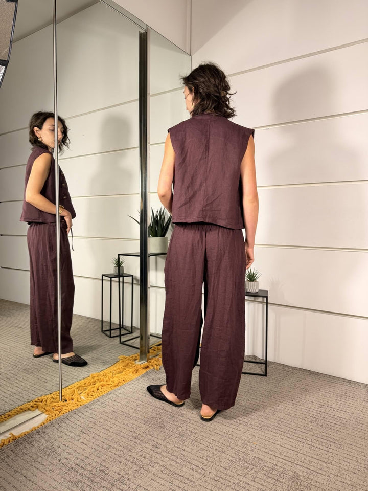 pantalone barrel 100% lino con elastico in vita e coulisse prugna 6128PRUGNA SPICY CAFE