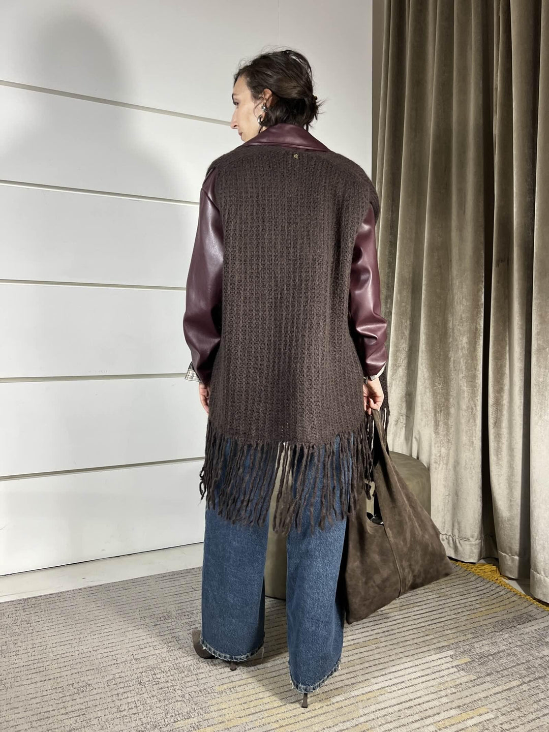 gilet lungo moro  in misto lana con frange F01O0656MORO PHILIA LOFT