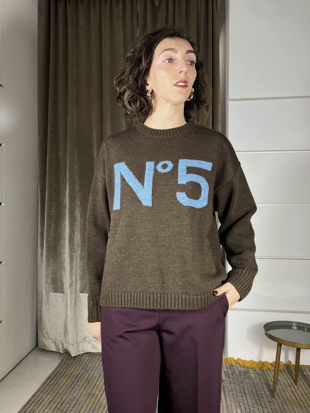 maglione gricollo con n 5 in misto lana e alpaca brown W5HMJ56A400BROWN TENSIONE IN