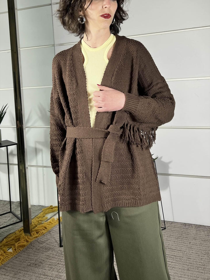 cardigan con frange nella manica e cinta in vita caffe WCAR26SA513CAFFE TWO WAY