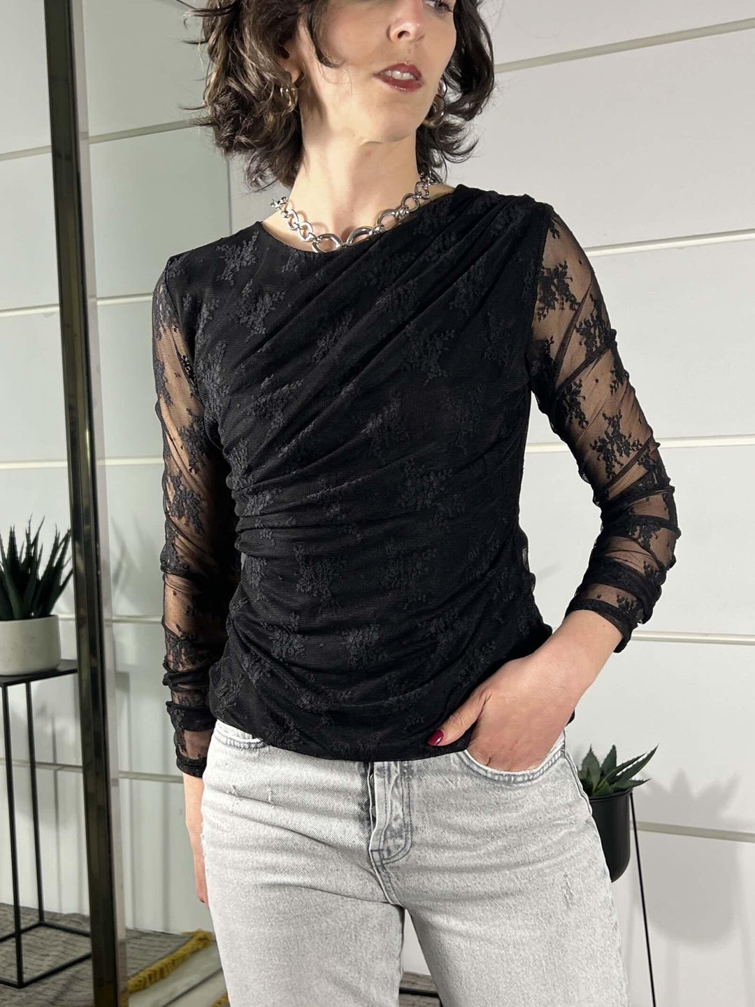 maglia pizzo con arricciatura fine manica nera 26MP13736LSNERO FEMME SELECTION