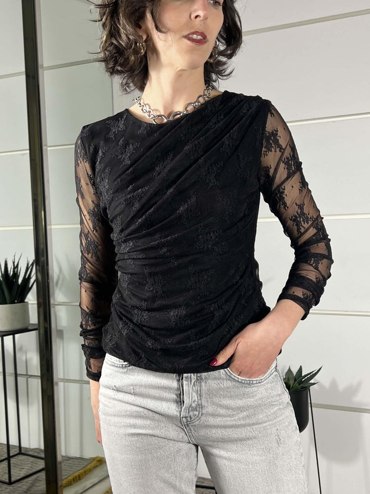 maglia pizzo con arricciatura fine manica nera 26MP13736LSNERO FEMME SELECTION