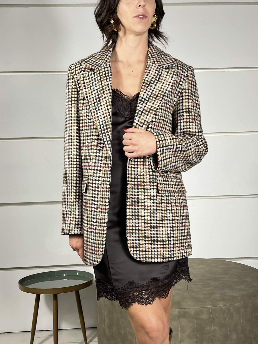 giacca cappotto pied de poule con bottone effetto madre perla TF1522SABBIA/ROSSO/OCRA VICOLO