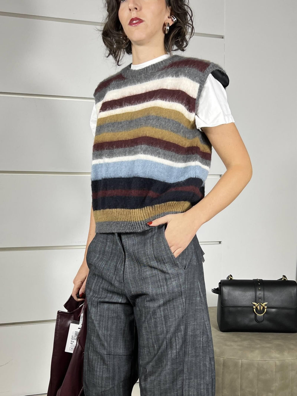 maglione a gilet con spallina a righe 55137FGRIGIO/BORDEAUX/CELESTE/BURRO VICOLO