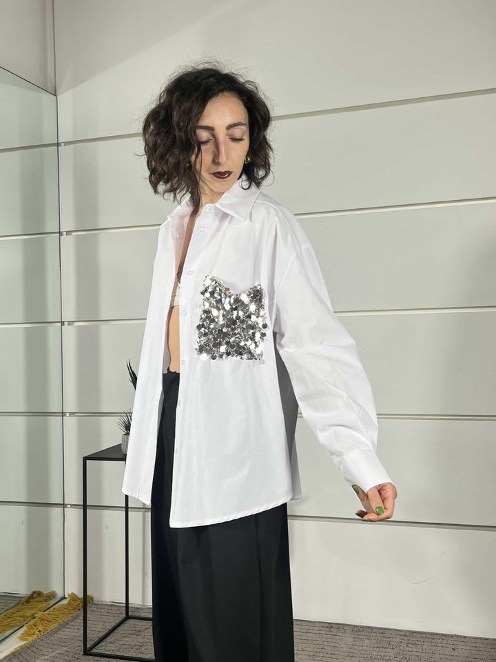 camicia bianca in cotone con tasca con paillettesargento PE260048-UBIANCO TENSIONE IN