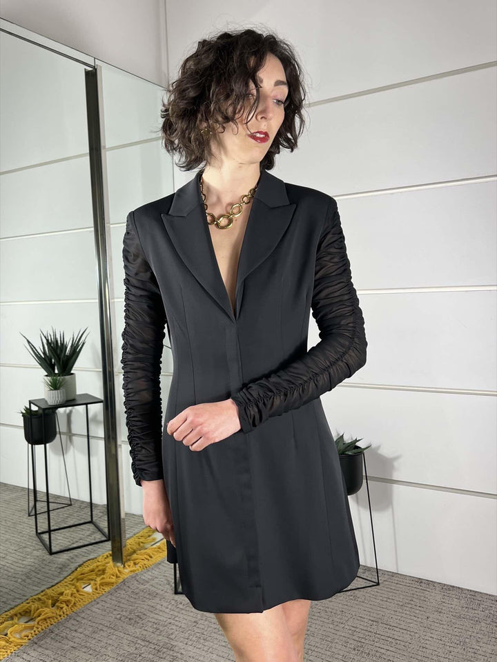 abito corto stretto nero  con manica lunga arricciat AGBALJT1900 IMPERIAL