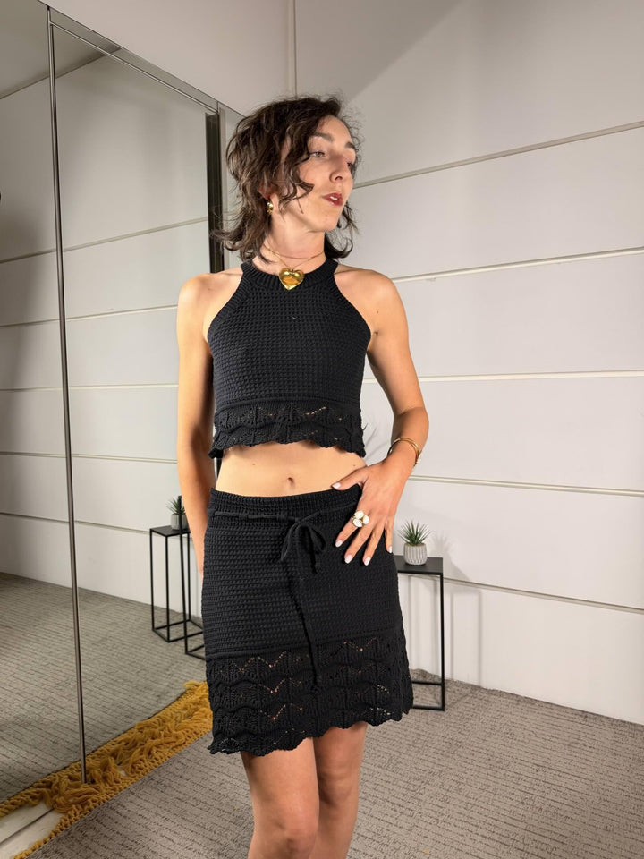 completo crochet top e gonna corta nero A1552NERO SPICY CAFE