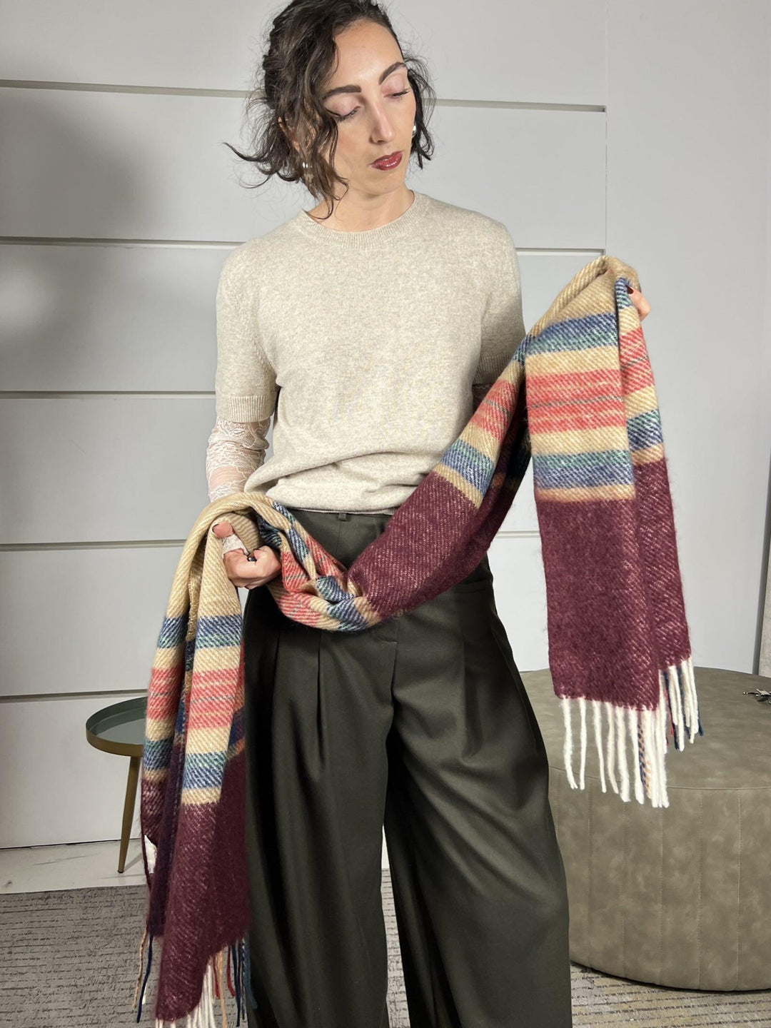 sciarpa quadri bordeaux e cammello con frange AF0087BORDEAUX/CAMMELLO VICOLO