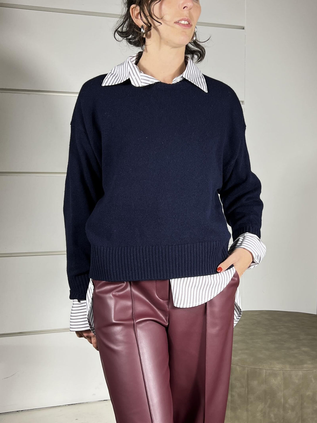 maglione blu girocollo over con coste 100%lana WL788AI25BLU TENSIONE IN