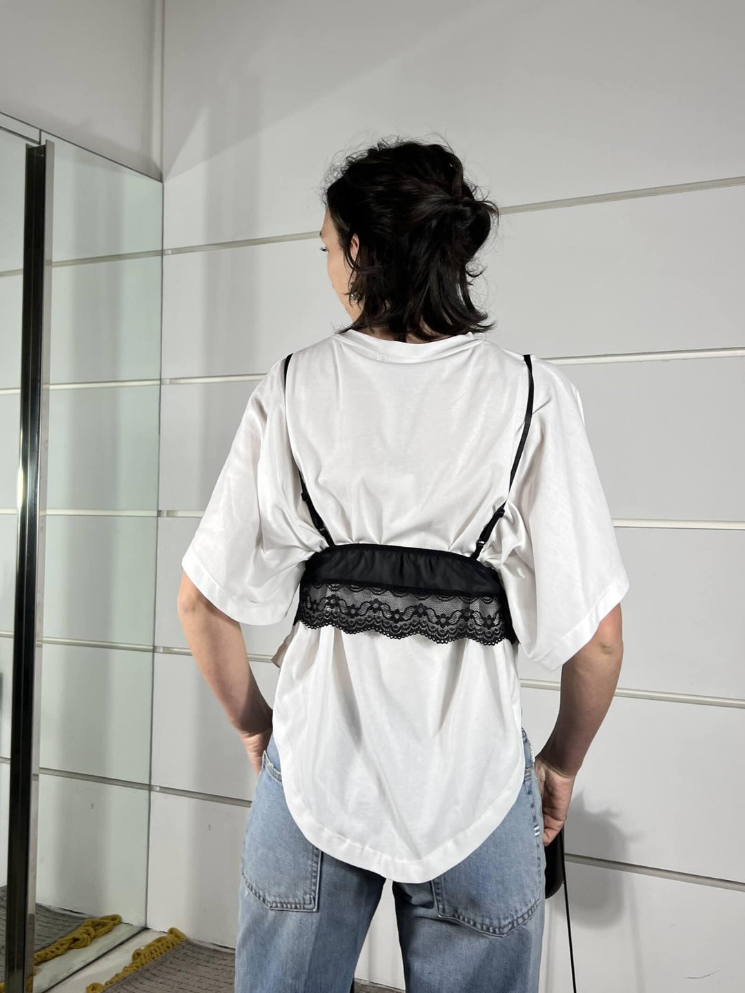 t-shirt manica corta con top satin con pizzo nero SH003847NERO SUSY MIX