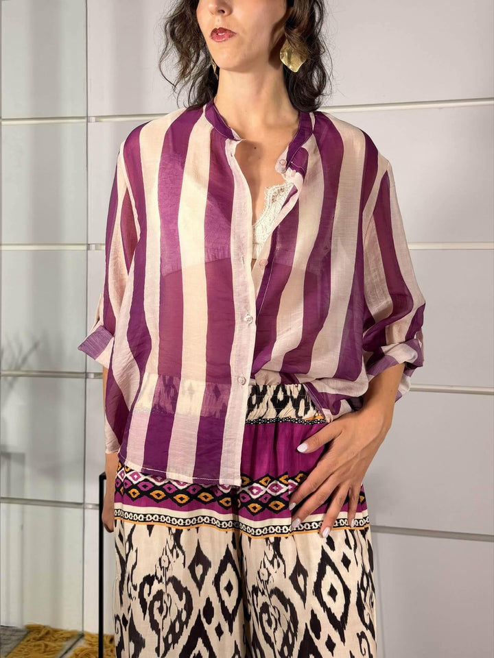 camicia a righe burro e viola in mussola  CVS-Q422RIGA BURRO/VIOLA HAVE ONE
