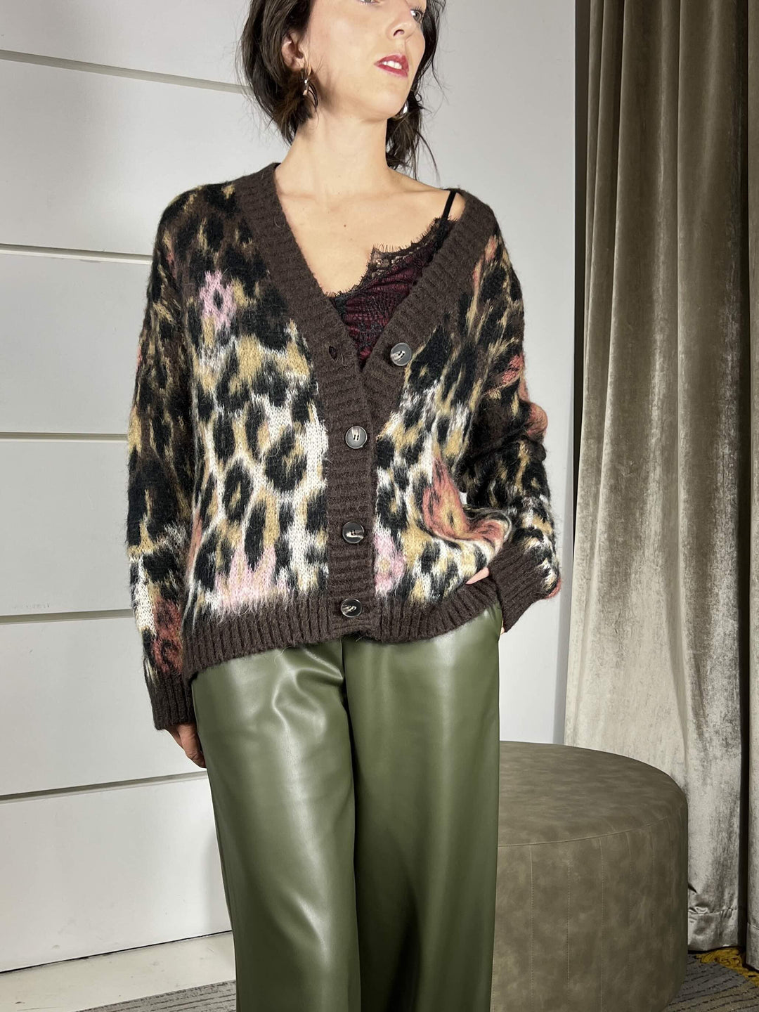 cardigan maculato scollo a v rosa D81250ROSA TENSIONE IN