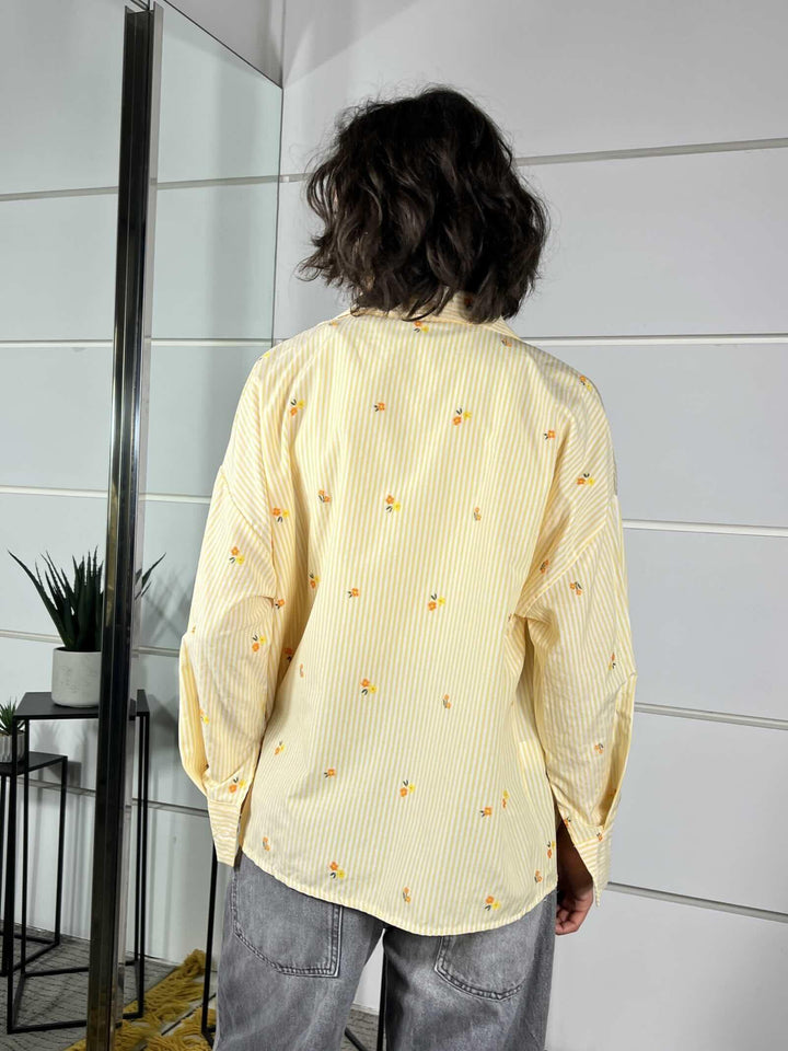 camicia riagata con ricami colore giallo 0065FIORI/GIALLO SPICY CAFE