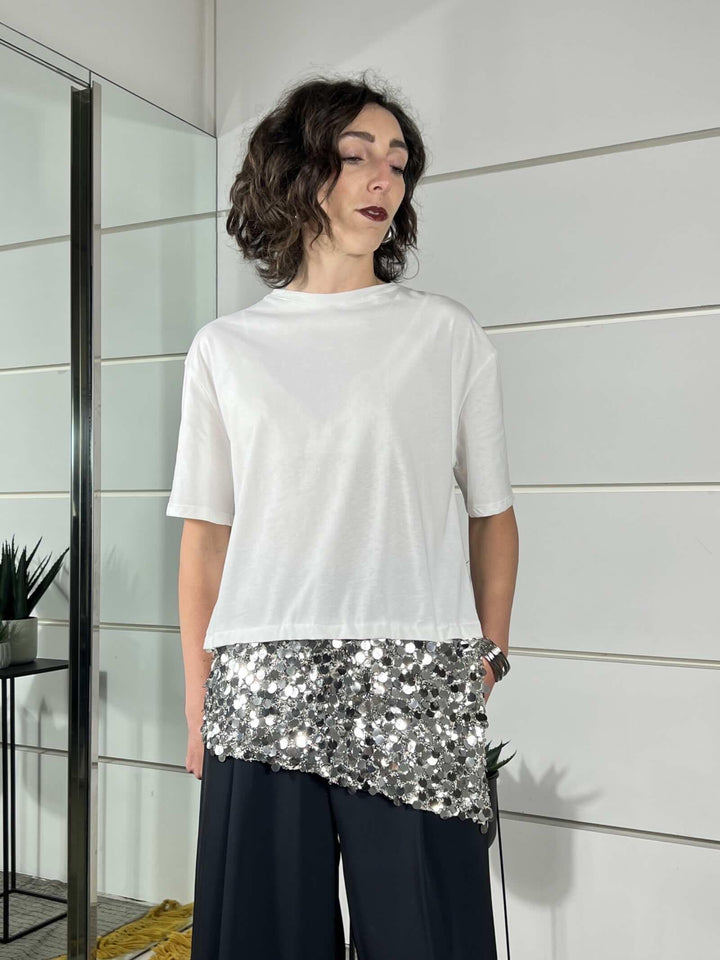 t-shirt girocollo manica corta  con paillettes nel fondoargento PE260187PANNA TENSIONE IN