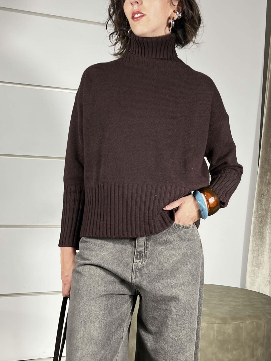 maglione collo alto con coste 100%lana moro WL938-7AI25MORO TENSIONE IN