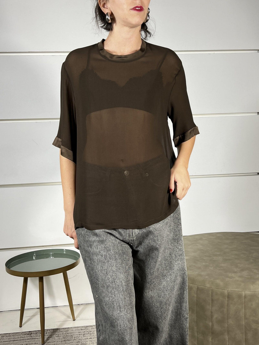 t-shirt over manica corta con trasparenze e bordi in raso moro TWG-P013PUCE HAVE ONE