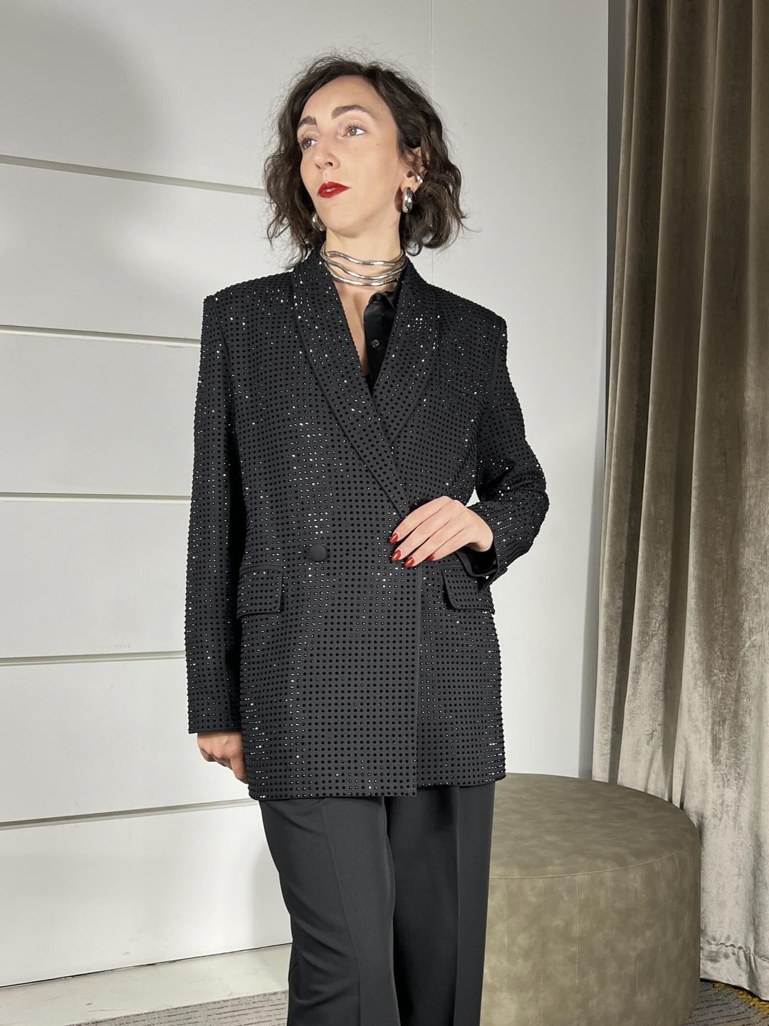 GIACCA NERA CON STRASS DOPPIOPETTO DELEDDA GIACCAZ99 PINKO