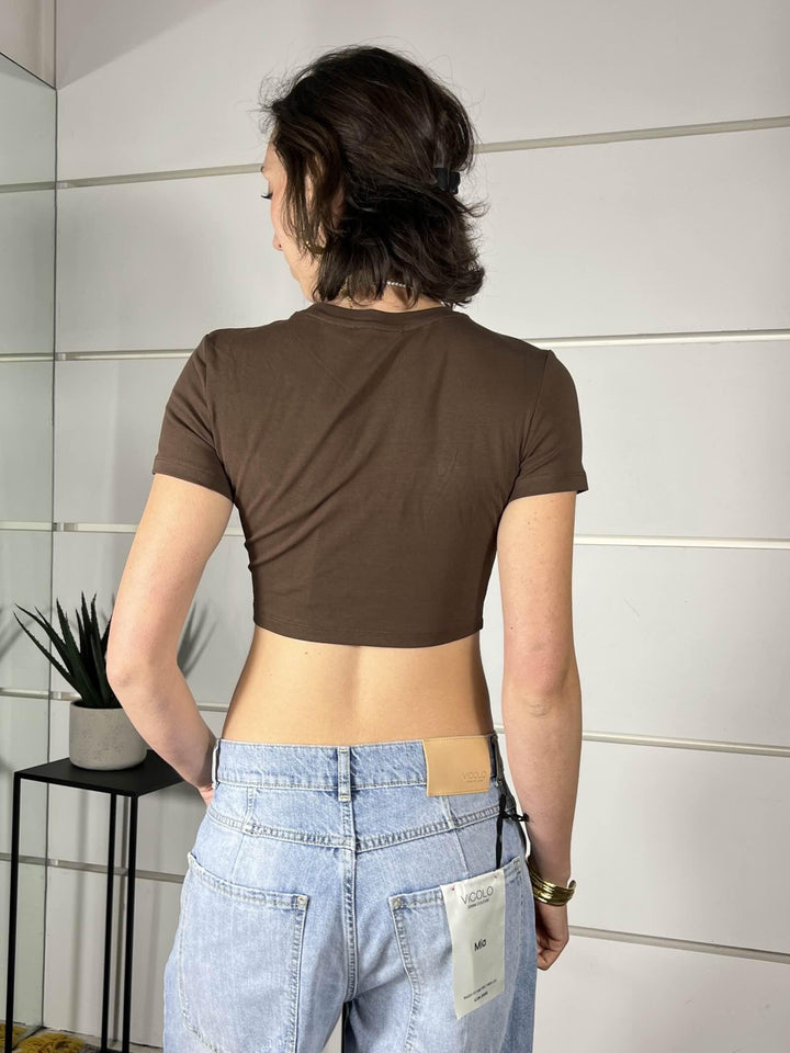 t-shirt marrone crop girocollo manica corta slim LC240001MARRONE LUMINA