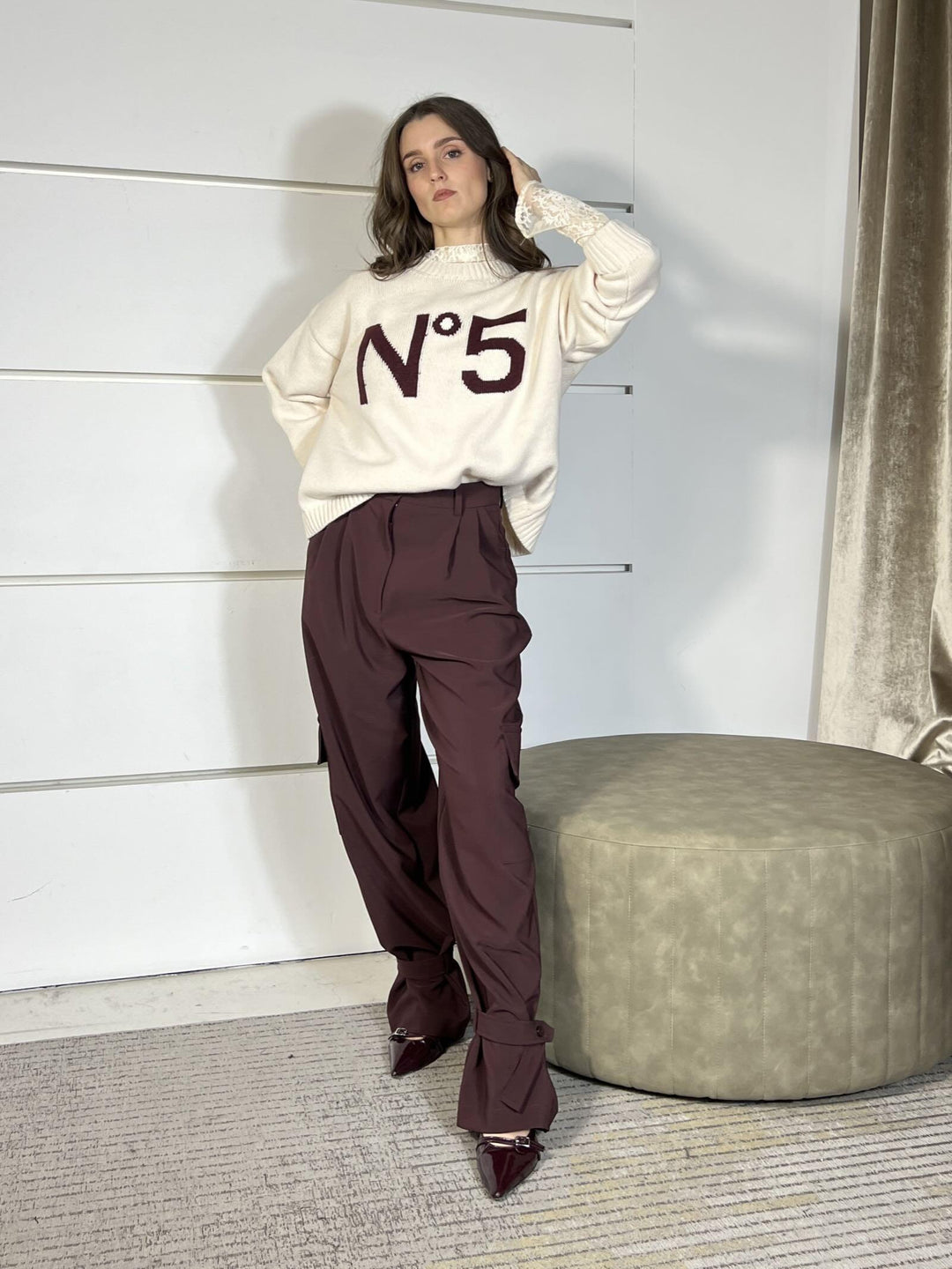 MAGLIONE BURRO GIROCOLLO CON SCRITTA BURGUNDY N 5 W5HMJ56A400BURGUNDY TENSIONE IN