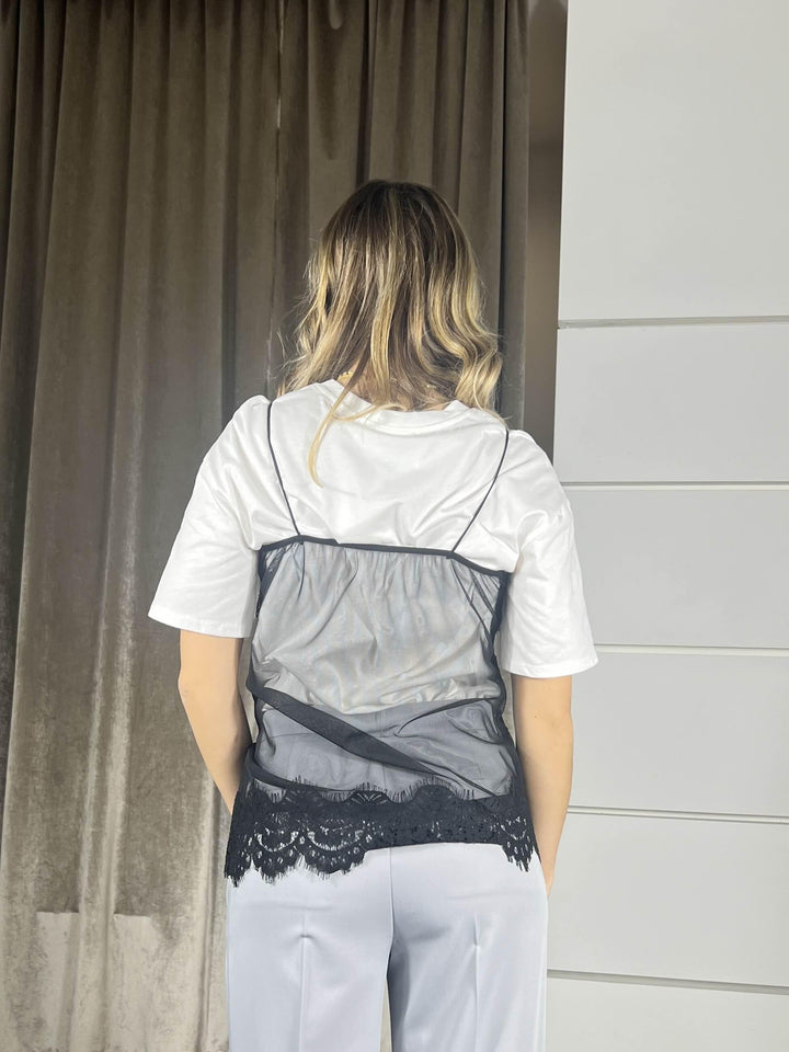 t-shirt bianca con stampa e top in pizzo nero RAB0239BIANCO/NERO VICOLO