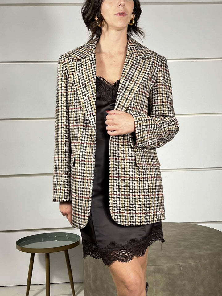 giacca cappotto pied de poule con bottone effetto madre perla TF1522SABBIA/ROSSO/OCRA VICOLO