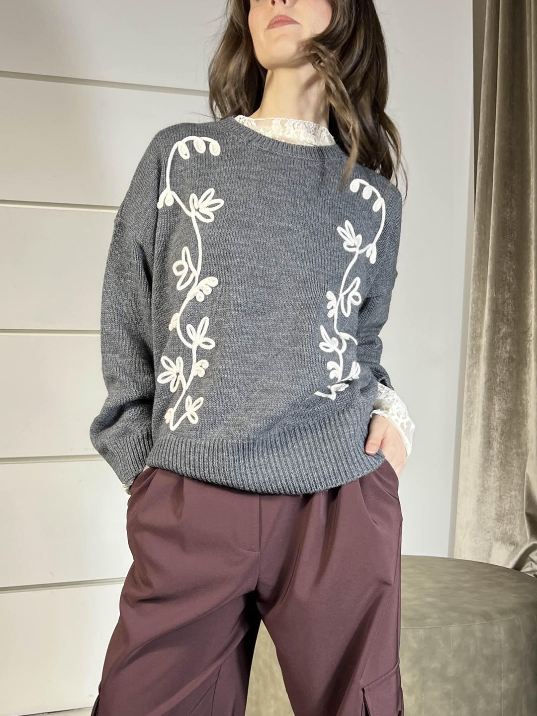maglione girocollo con ricami charcoal misto lana W5HMJ64A400CHARCOAL TENSIONE IN