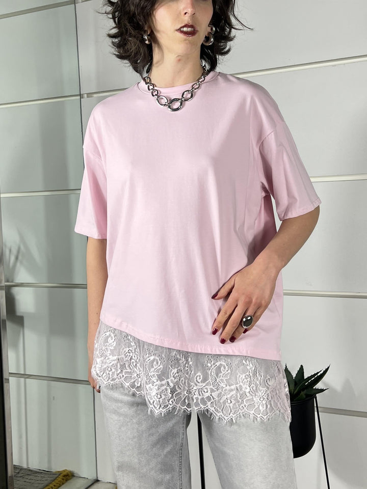t-shirt manica corta asimmetrica con pizzo rosa 26MP8516ROSA FEMME SELECTION