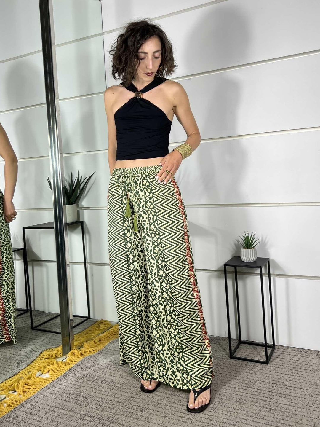 pantalone a palazzo fantasia etnica verde burro e rosso in misto seta A002VERDE/BURRO/ROSSO SPICY CAFE