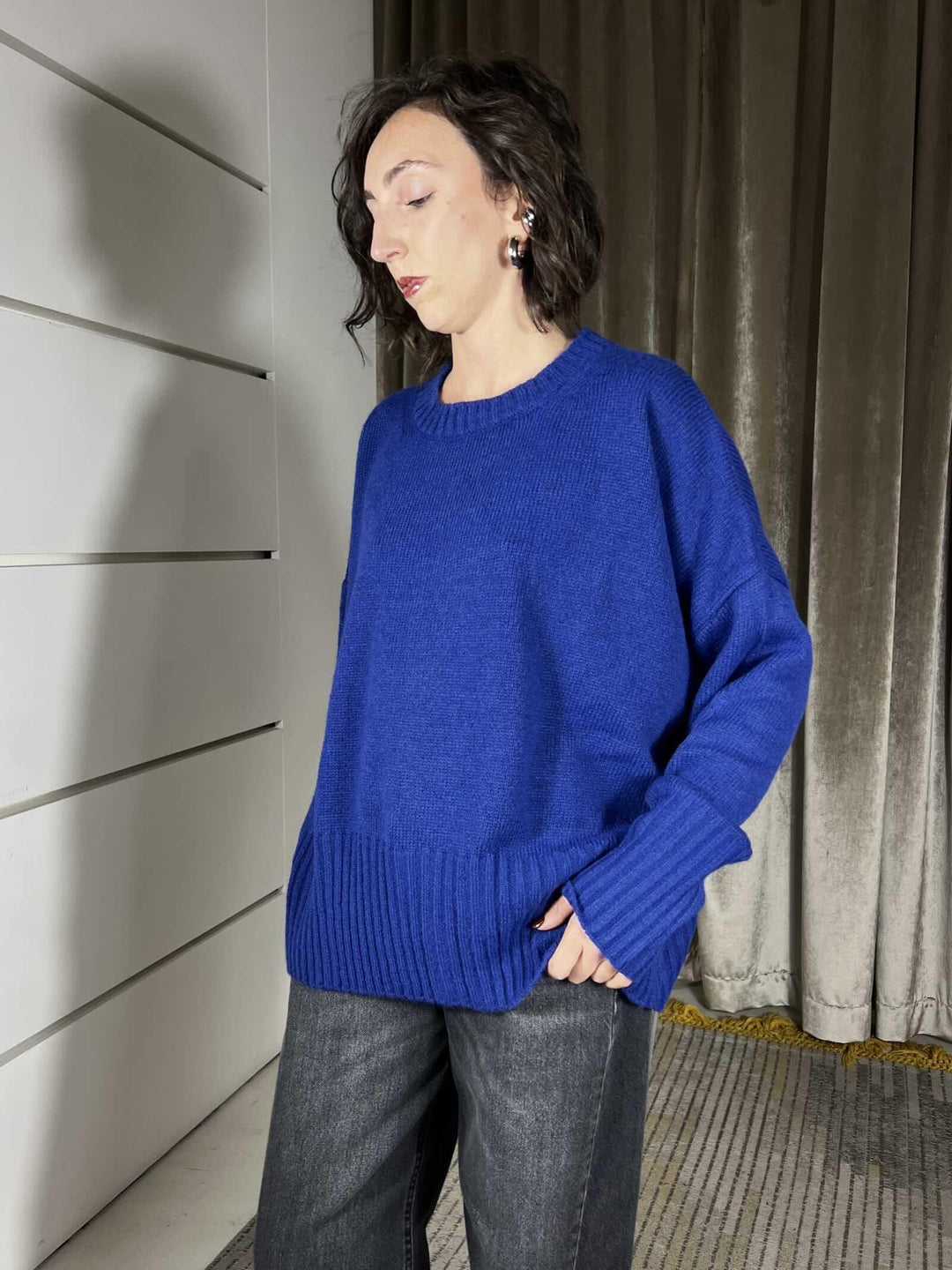 maglione girocollo con coste in misto lana rasata  electiric blue W5HMJ87A373ELECTRIC BLUE TENSIONE IN