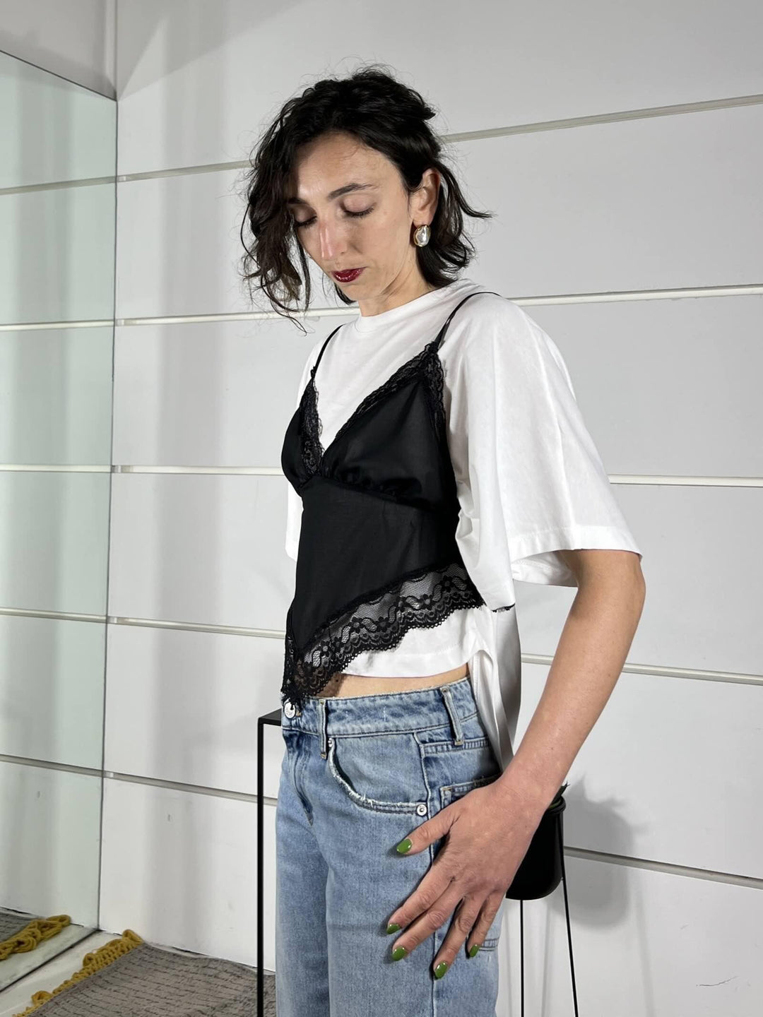 t-shirt manica corta con top satin con pizzo nero SH003847NERO SUSY MIX