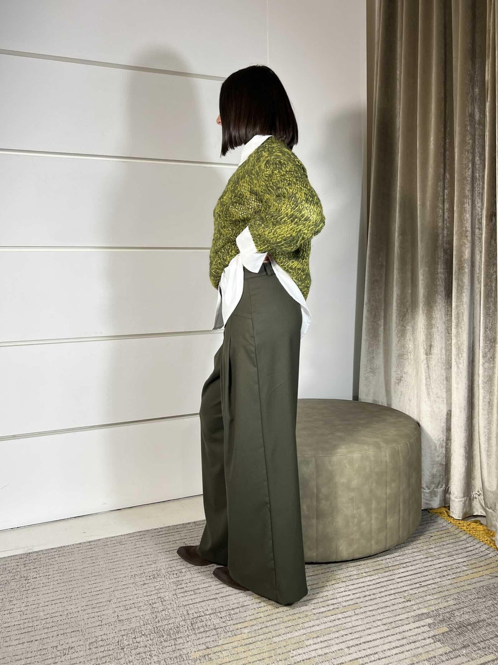 PANTALONE VERDE A PALAZZO CON PINCES IN FLANELLA TF1830VERDE MILITARE VICOLO