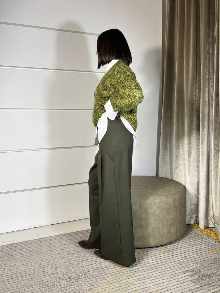 PANTALONE VERDE A PALAZZO CON PINCES IN FLANELLA TF1830VERDE MILITARE VICOLO