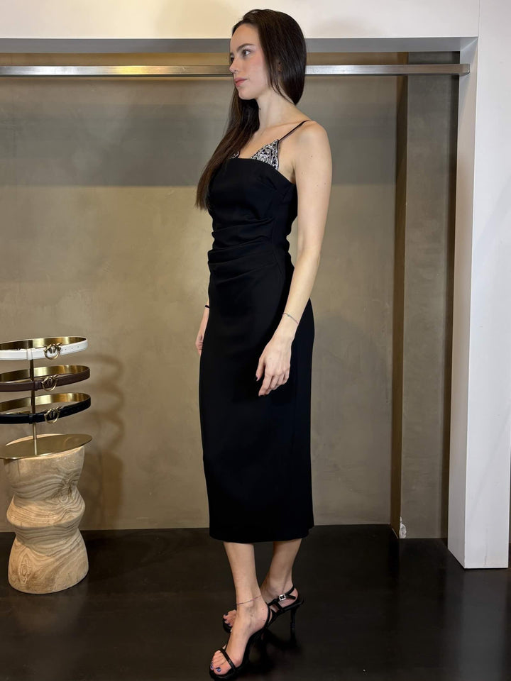 abito midi nero con ricamo gioiello argento CARRUBAZ99 PINKO