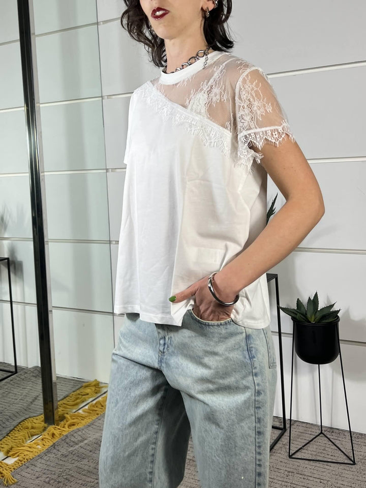 t-shirt con pizzo nella spalla, manica corta bianca 12127BIANCO SUSY MIX