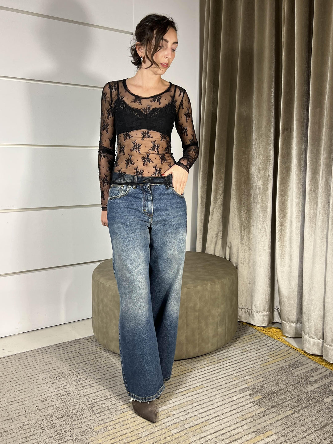 t-shirt manica lunga girocollo in pizzo nero TW91KMX1900 IMPERIAL