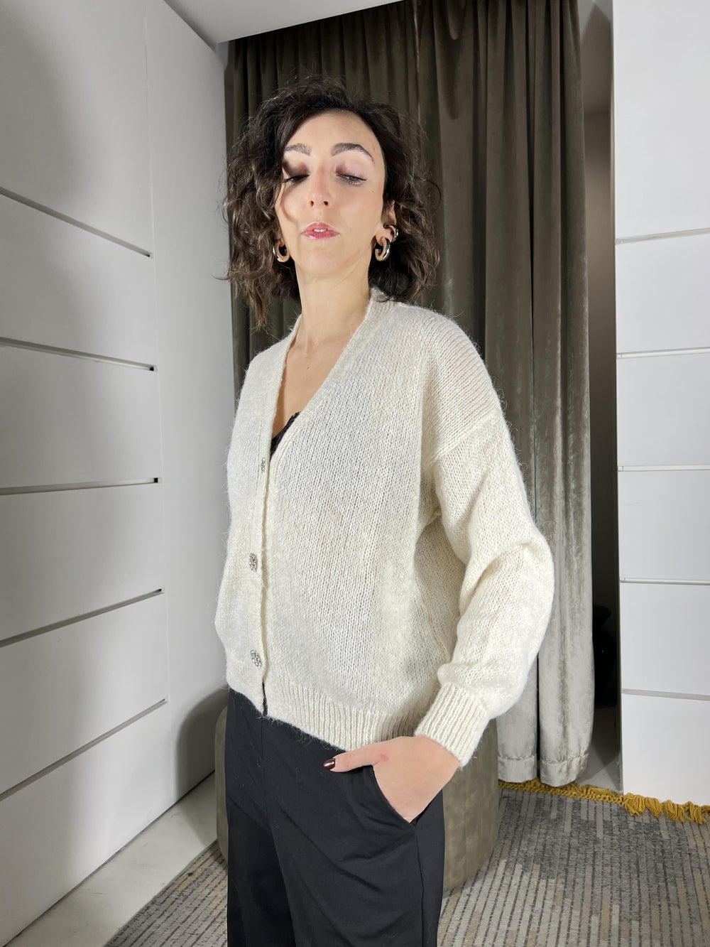 cardigan corto bottoni gioiello strass panna in misto lana JHO-P147PANNA HAVE ONE