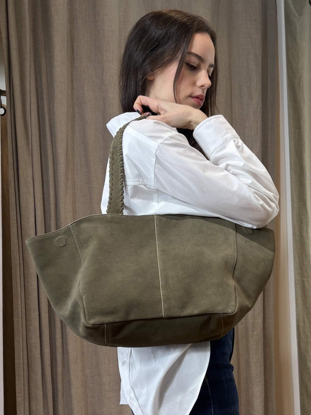 tote bag in pelle scamosciata verde kaki GELADA001 PENNY BLACK