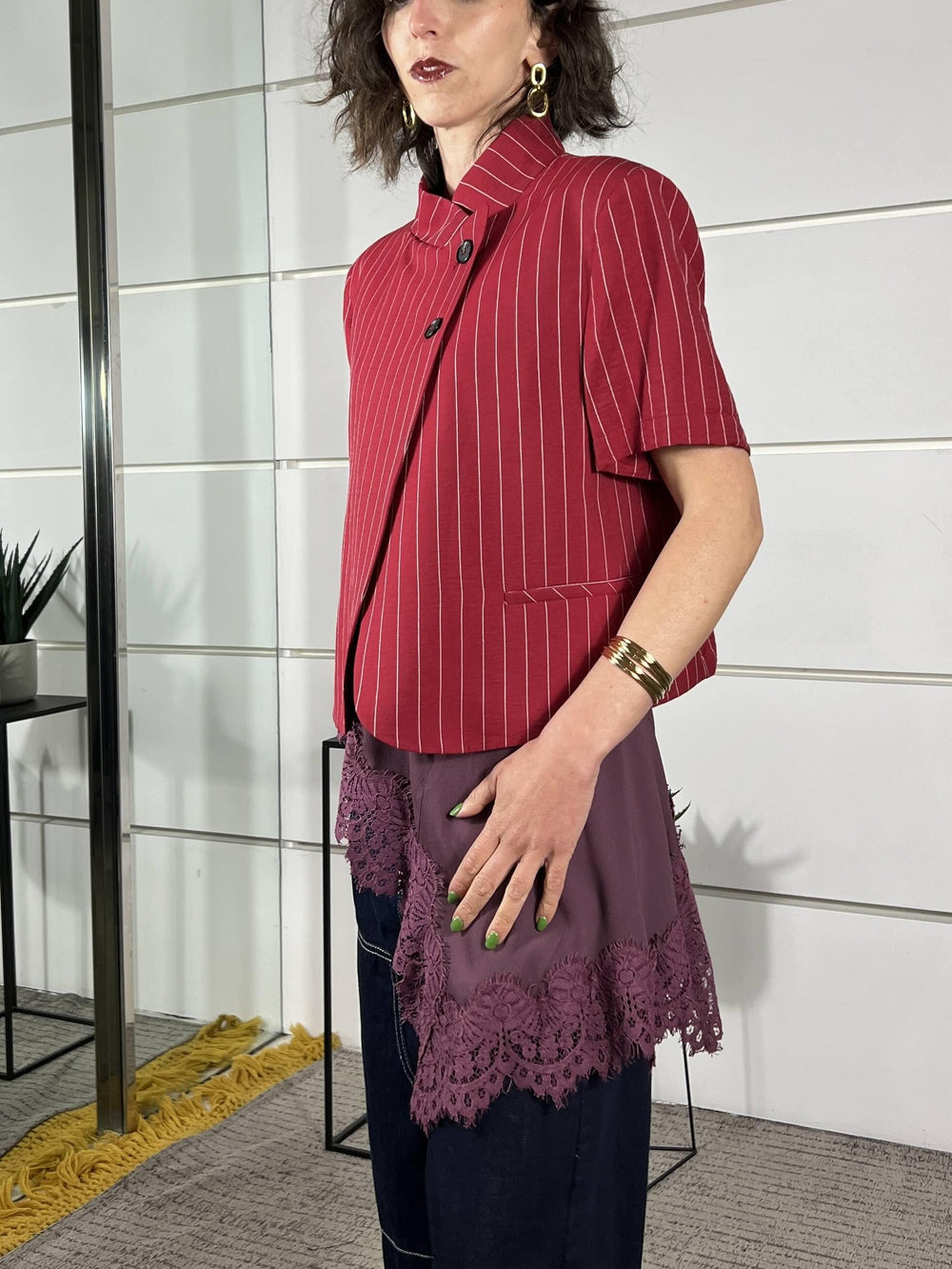 giacca gessata coreana, manica corta rossa JMN-Q115ROSSO HAVE ONE