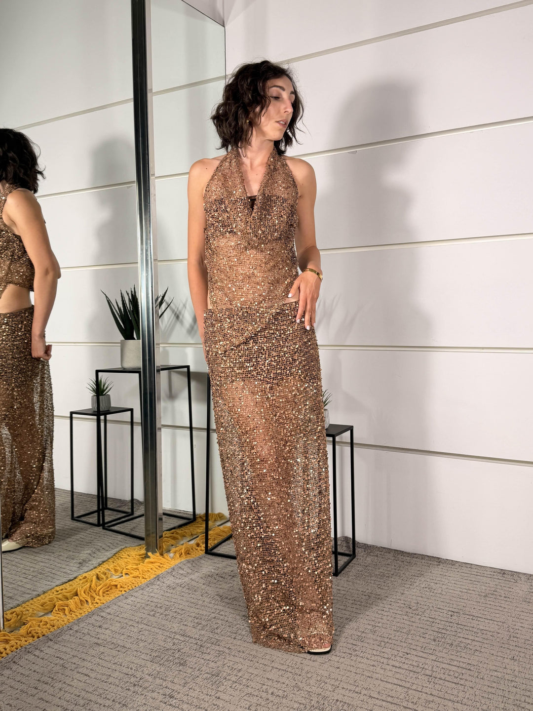 top assimetrico a rete con paillettes bronzo RMA-Q062BRONZO HAVE ONE