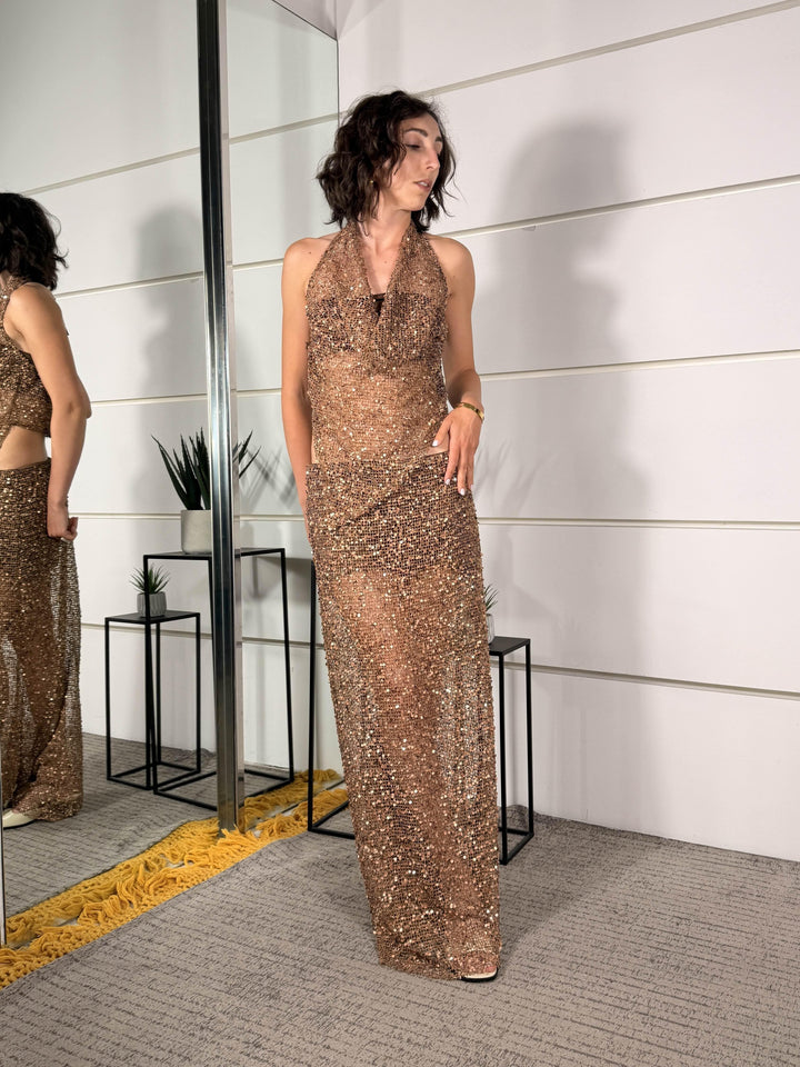 top assimetrico a rete con paillettes bronzo RMA-Q062BRONZO HAVE ONE