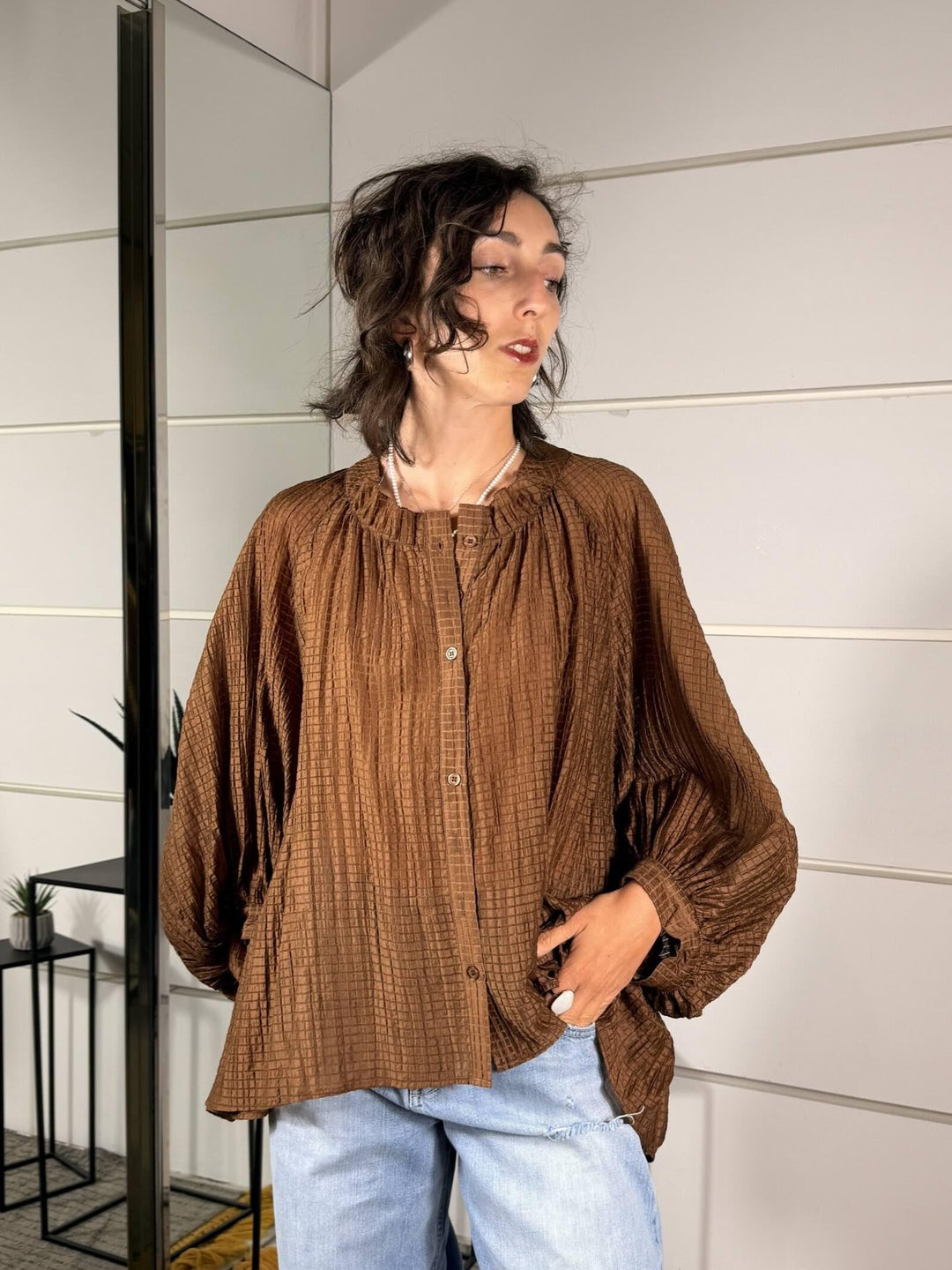 camicia moro over con scollo alla coreana W5948MORO SPICY CAFE