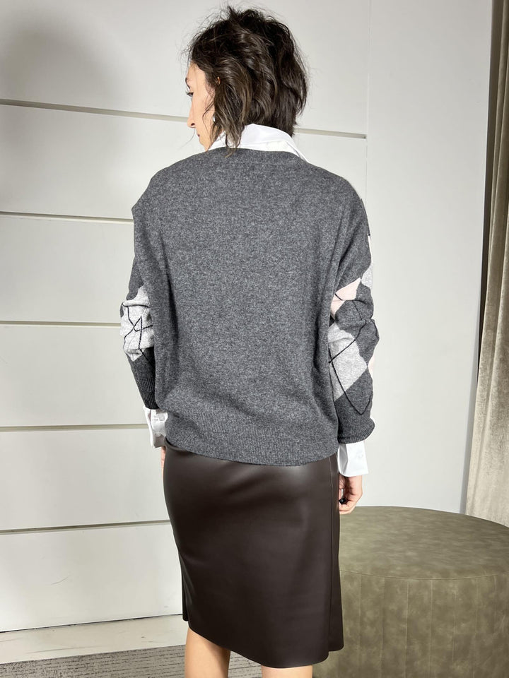 maglione scollo a v con rombi 100% lana catrame grigio rosa nero W1057CATRAME/GRIGIO/ROSA/NERO TENSIONE IN