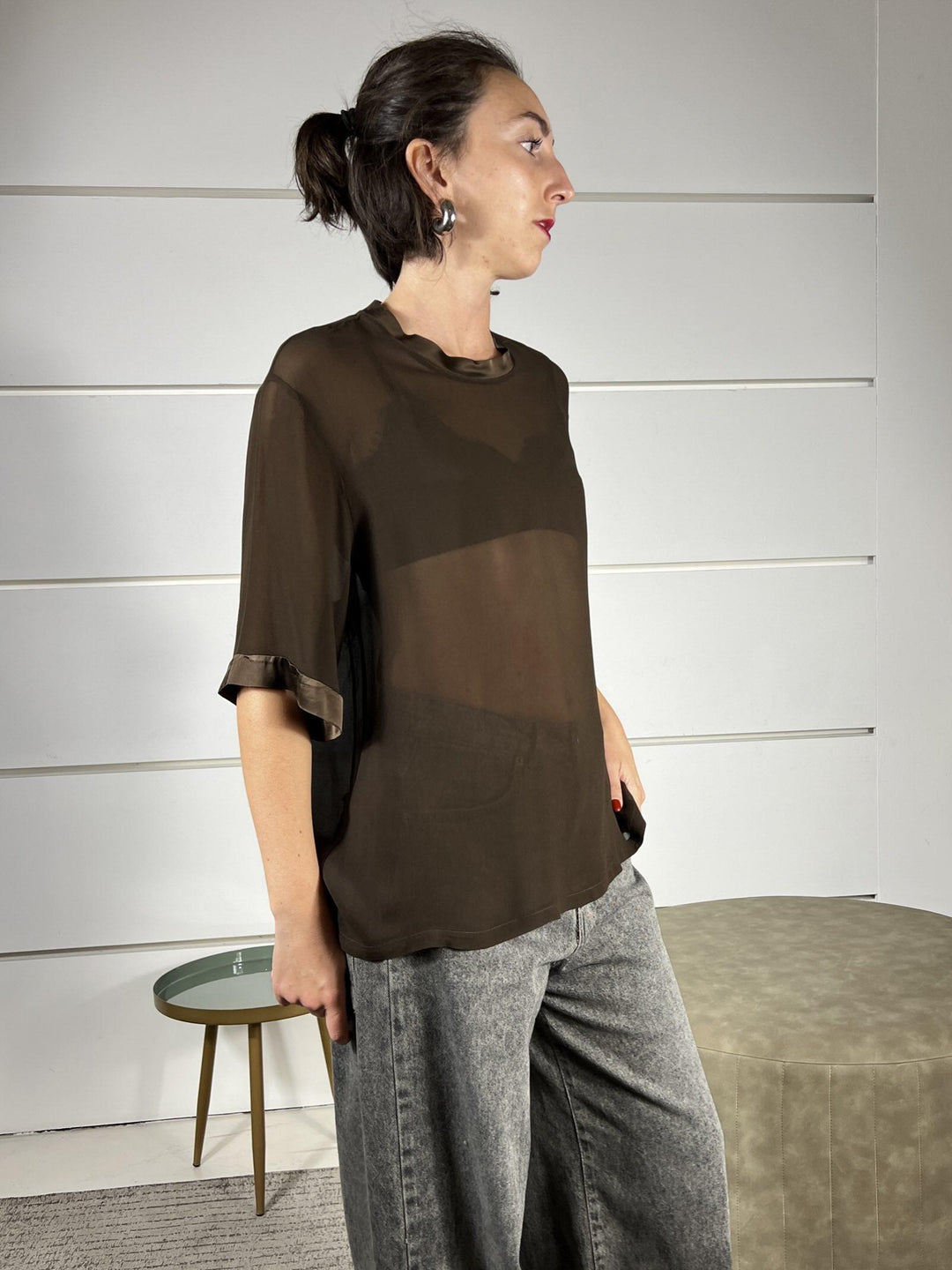 t-shirt over manica corta con trasparenze e bordi in raso moro TWG-P013PUCE HAVE ONE