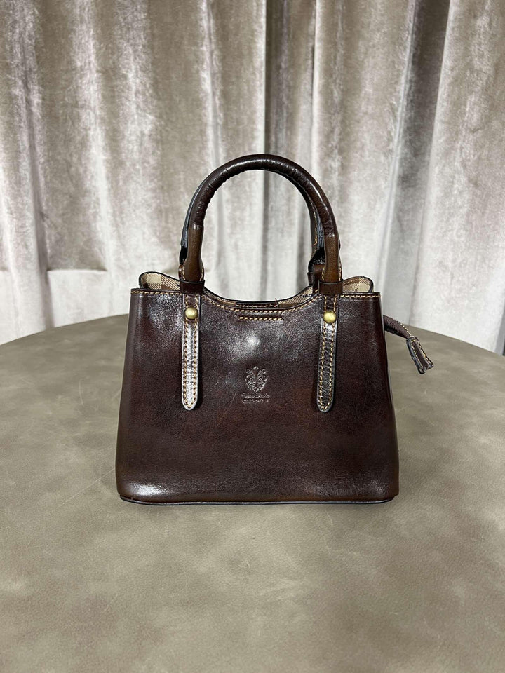 borsa in vera pell con tracolla regolabile e interno check 808235MORO FEMME CAFE SELECTION