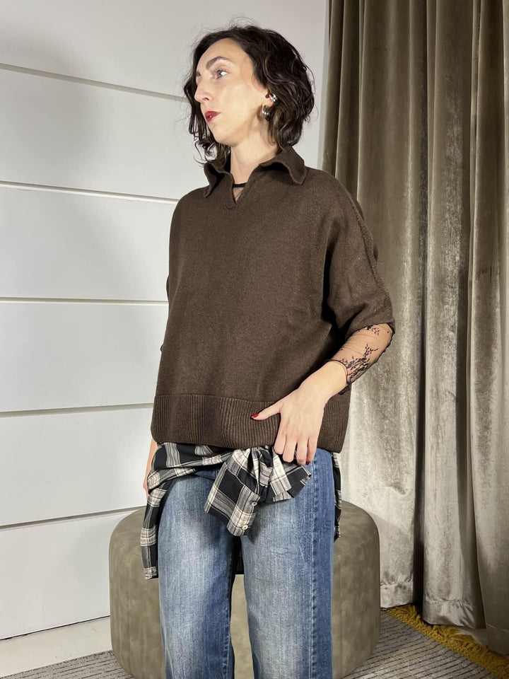 maglione a polo manica corta over marrone D80886MARRONE TENSIONE IN