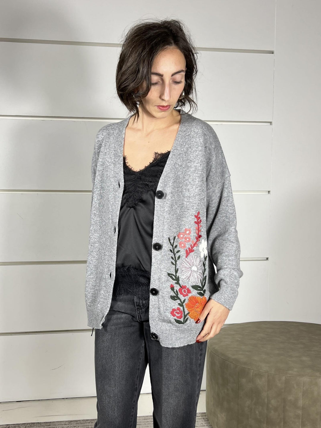 cardigan grigio con ricamo fiori in misto lana 77151FGRIGIO VICOLO