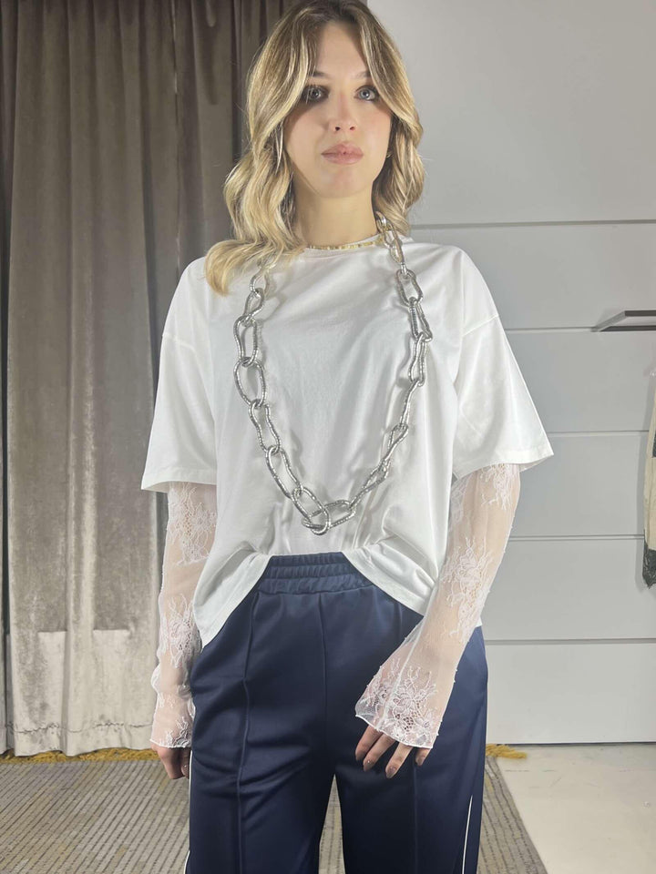 t-shirt  manica corta con manica in pizzo latte 11073LATTE SUSY MIX