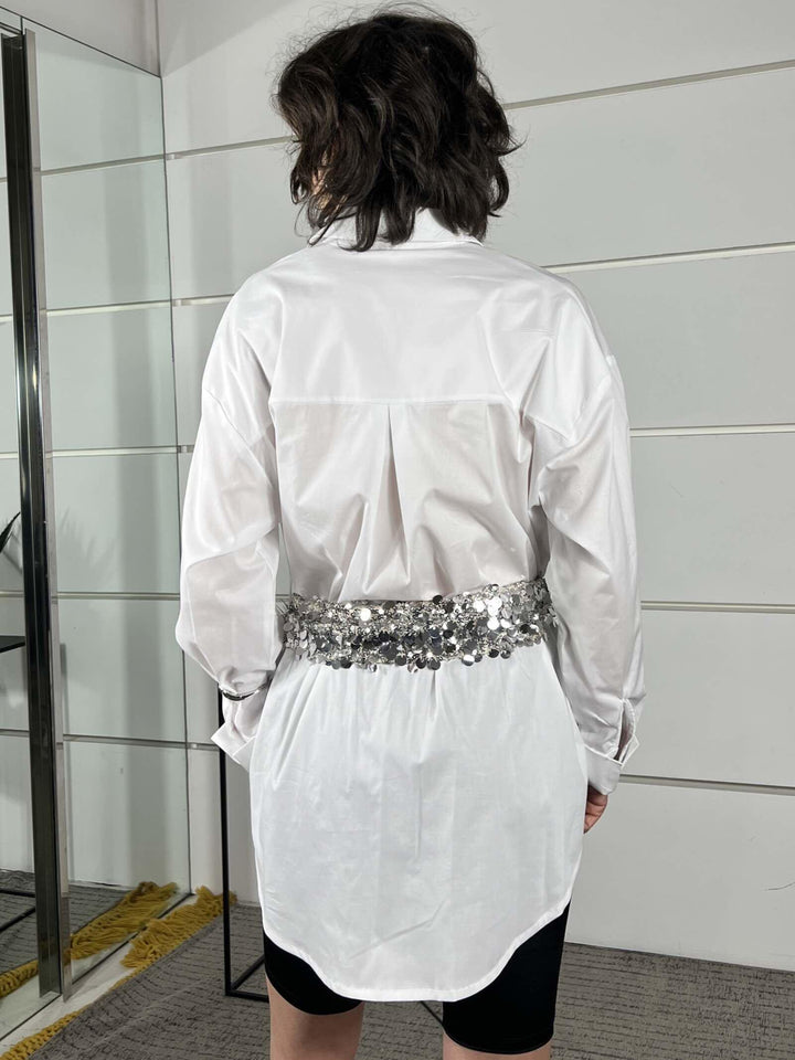 camicia bianca lunga con pareo con paillettes argent 26C4802BIANCO TENSIONE IN