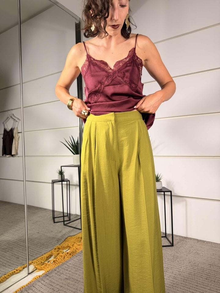 pantalone palazzo con pince tessuto effetto stropicciato olio P6K9LRC1238 IMPERIAL