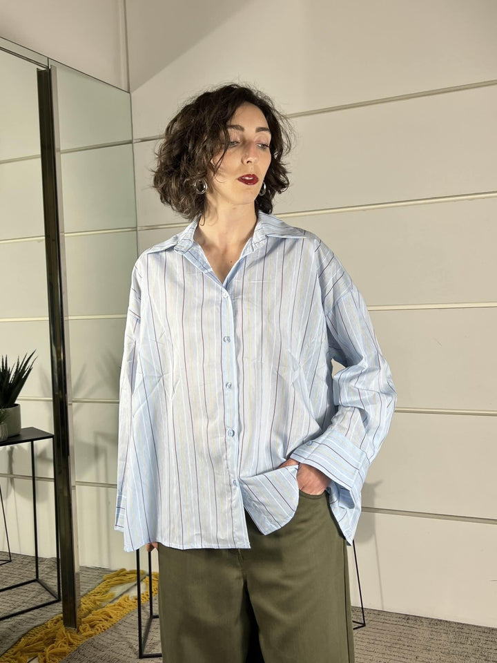 camicia over gessata in viscosa celeste C1051PY22CELESTE SUSY MIX